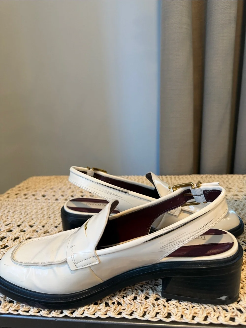 Franco Sarto Cream Patent Leather Slingback Loafers with Gold Accent